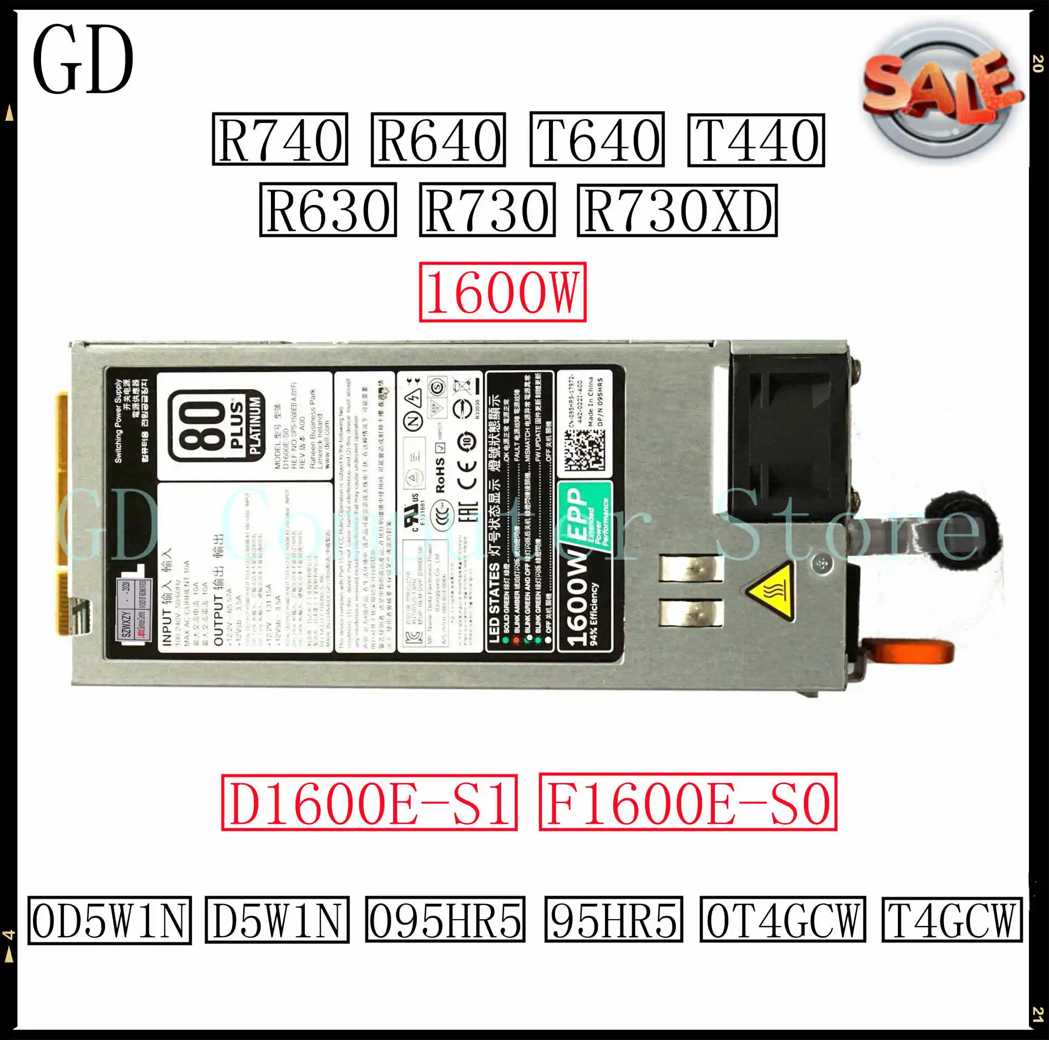 GD Оригинал для DELL R740 R640 T640 T440 R630 R730 R730XD источник питания 1600 Вт F1600E-S0 XHHF8 0XHHF8 |
