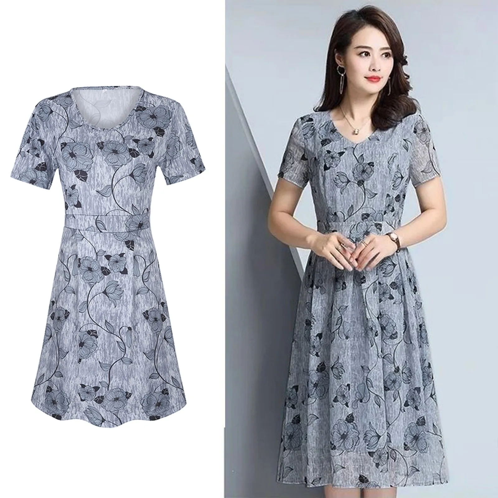 

Fashion Women Casual Floral Printed V-neck Short Sleeve A-line Dress Long Dress Comfy High Quality Elegant Dresses Fast Shipping