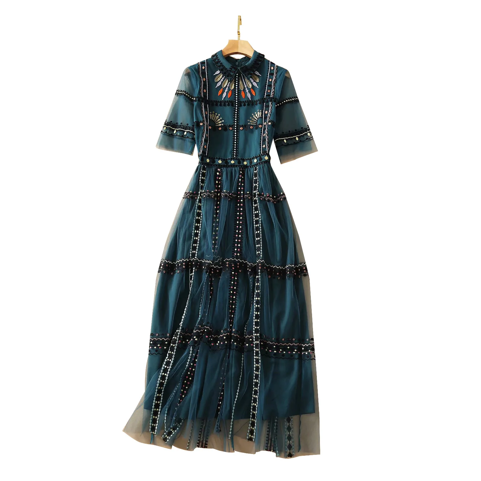 

High Quality Runway Designers Dress 2021 Summer Vintage Mesh Embroidery Long Party Dresses for Women