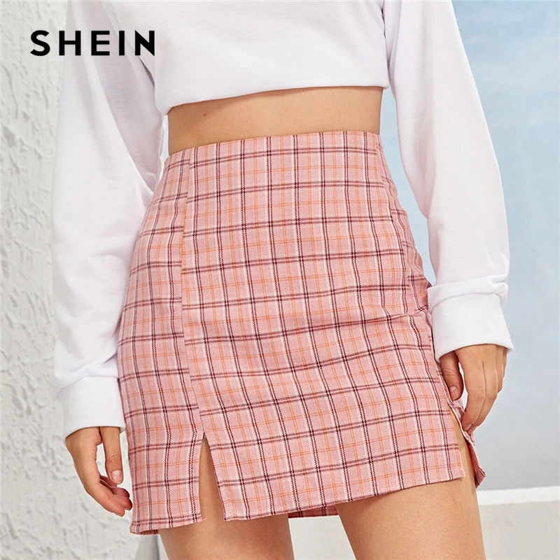 SHEIN клетчатая облегающая мини-юбка с Боковым Разрезом, Женская юбка, осень, уличная одежда, повседневная трапециевидная Базовая Женская облегающая юбка