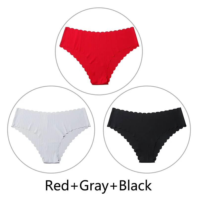 Red Gray Black 3 шт./партия, сексуальные бесшовные трусики с оборками для женщин, полосатые трусы с низкой посадкой, цельное нижнее белье, женское нижнее белье, американский размер xs-l - Цвет: Red Gray Black