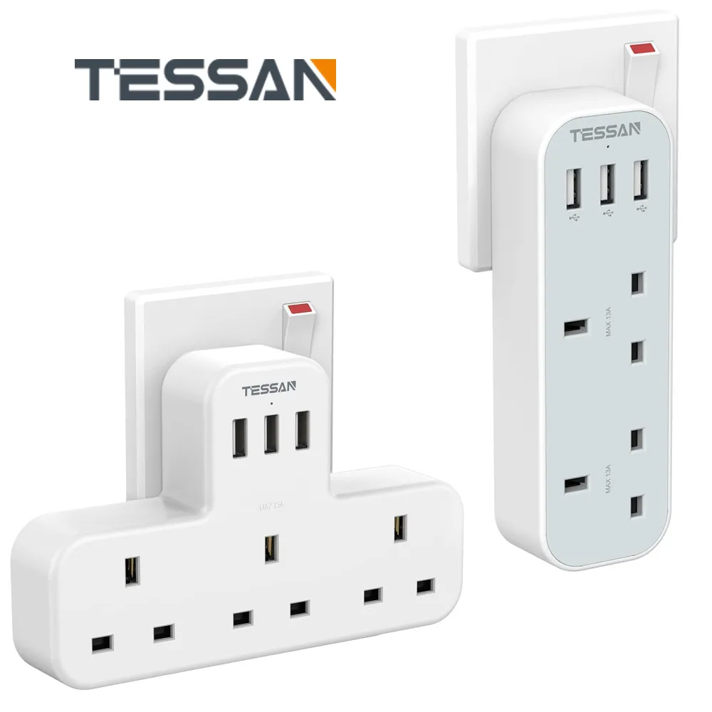 

TESSAN UK Plug Extension Socket with 3 Outlets 3 USB Ports Wall Charger Adapter for Saudi Arabia United Arab Emirates Singapore