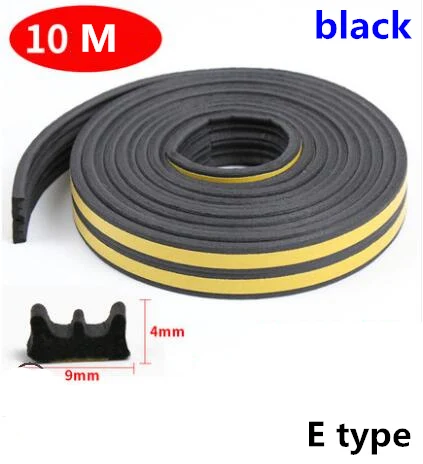 Black E Seal Strip 10 м/рулон самоклеящаяся дверная уплотнительная полоса резиновая Погодная полоса ветрозащитная Звукоизоляционная оконная уплотнительная лента аксессуары для оборудования - Цвет: Black E Seal Strip