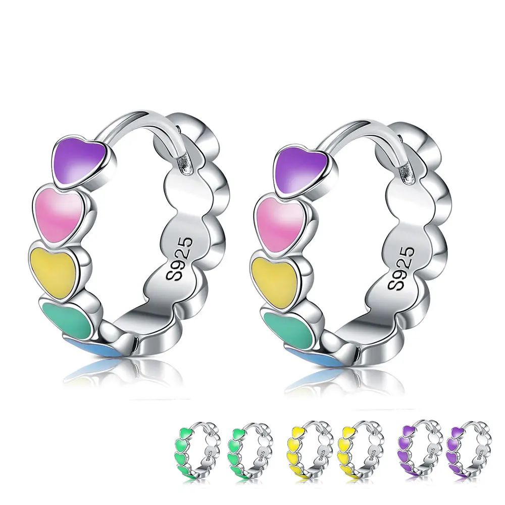 

Fashion Fine 925 Sterling Silver Earrings For Women Rainbow Heart Enamel Heart Hoop Earrings Lady Female Trend Jewelry Earrings