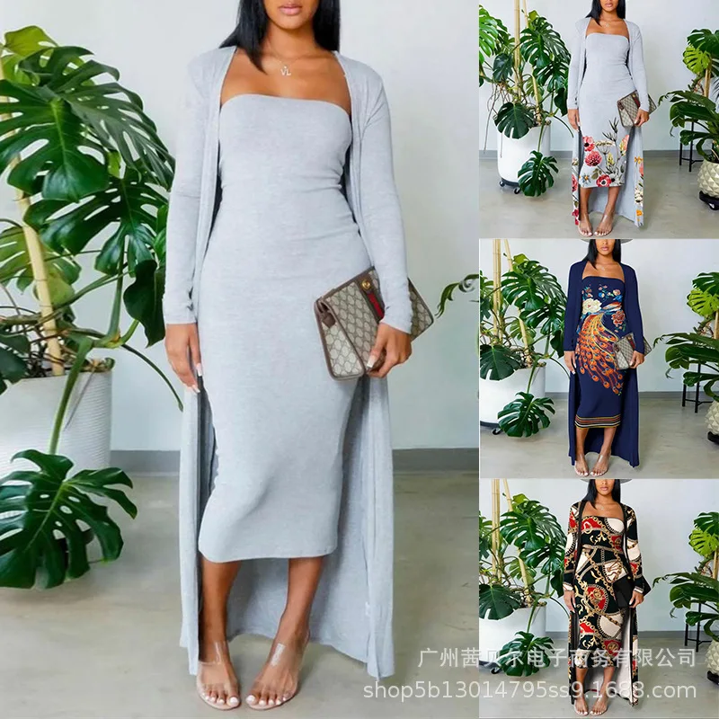 

Women Clothes Set Fulll Sleeve Long Open Cardigan + Slash Neck Strapless Slim Sheath Mid Calf Length Dress New Multi-Color Suit