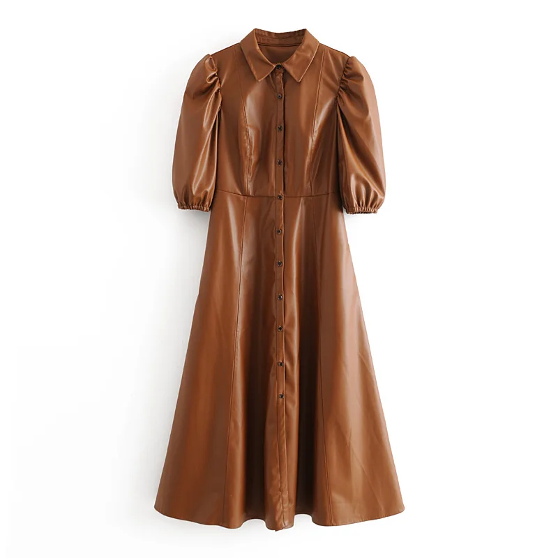 2020 Za Новое повседневное модное женское платье из искусственной кожи на пуговицах