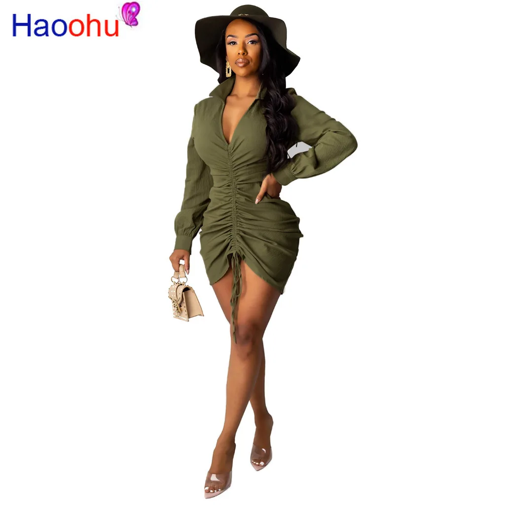 

Autumn Women Long Sleeve V-neck Long Sleeve Draped Tunic Bodycon Midi Mni Dress Sexy Night Club Irregular Dresses Vestido