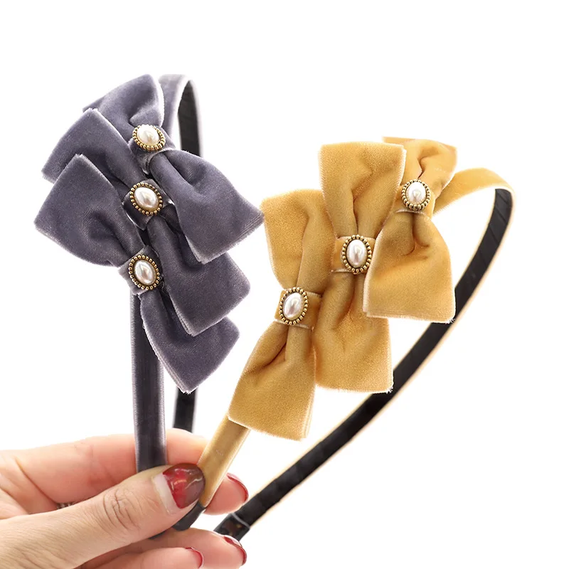 

Fashion Corduroy Pearls Headband Women Hair Bow Knotted Head Bezel Hoop Band Solid Headbands Hair Accessories