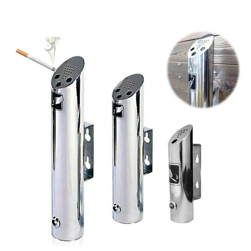 

2L Outdoor Cylinder Wall Mounted Ashtray Stainless Steel 18-8 Cigarette Ash Bin Lockable