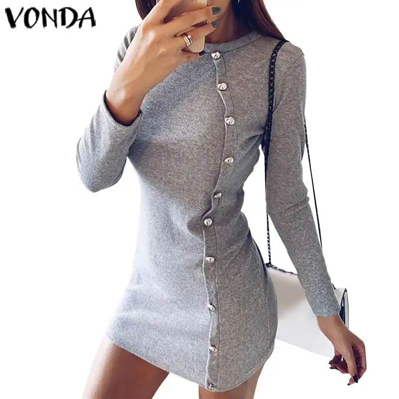 Grey Мини платье для женщин пляжное VONDA Повседневное платье-рубашка офисное сексуальное облегающее осеннее платье с длинным рукавом модное винтажное вечернее платье - Цвет: Grey