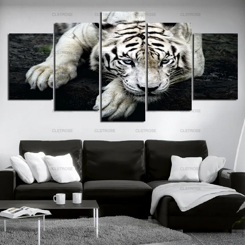 

Animal Decorative Canvas Painting 5Pcs White Tiger Lying Down Irregular Poster Wall Art Customizable Living Room Bedroom Decor