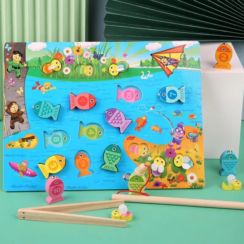 Деревянные магнитные игрушки для рыбалки детей Монтессори раннего развития игра