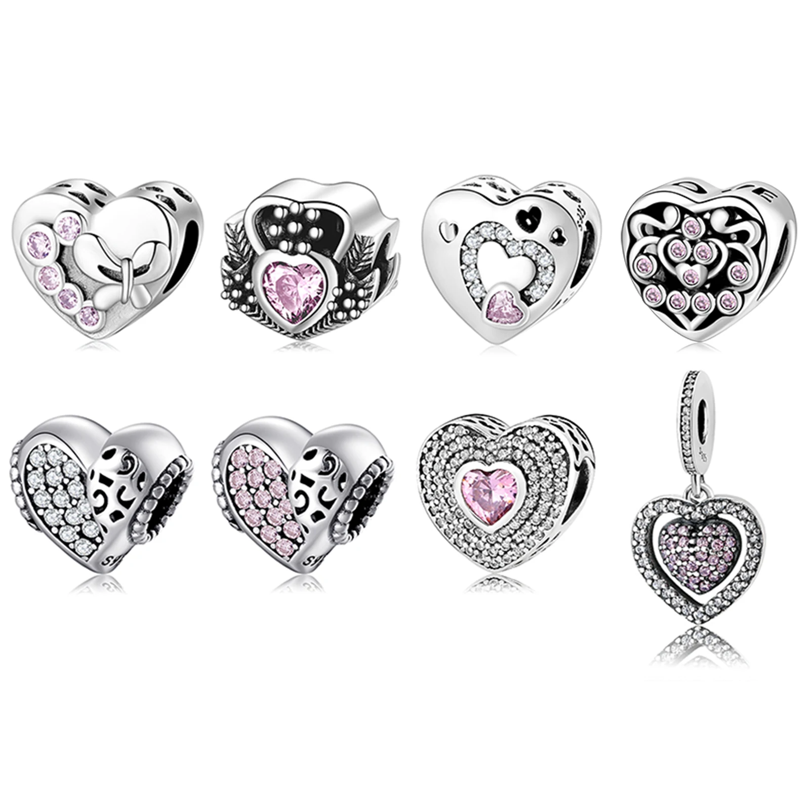 Модные 925 стерлингового серебра розовый прозрачный CZ Сердце Бусины Подходят