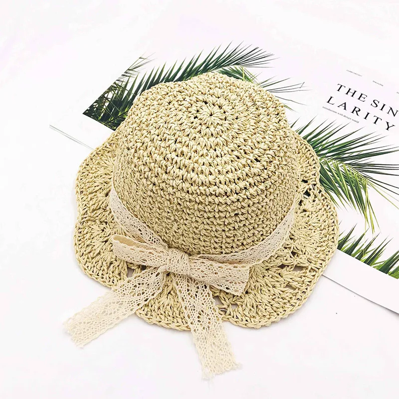 Детская соломенная шляпа с бантом летняя складная цветами и кружевом