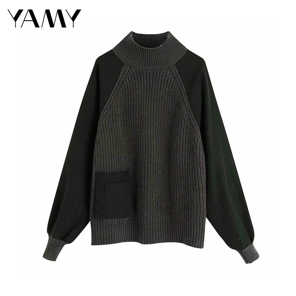 Womens Patchwork Green Sweaters Long Sleeve Causal Knit Pullover Stylish Vintage Zoravicky Jumpers Chic Za Top |