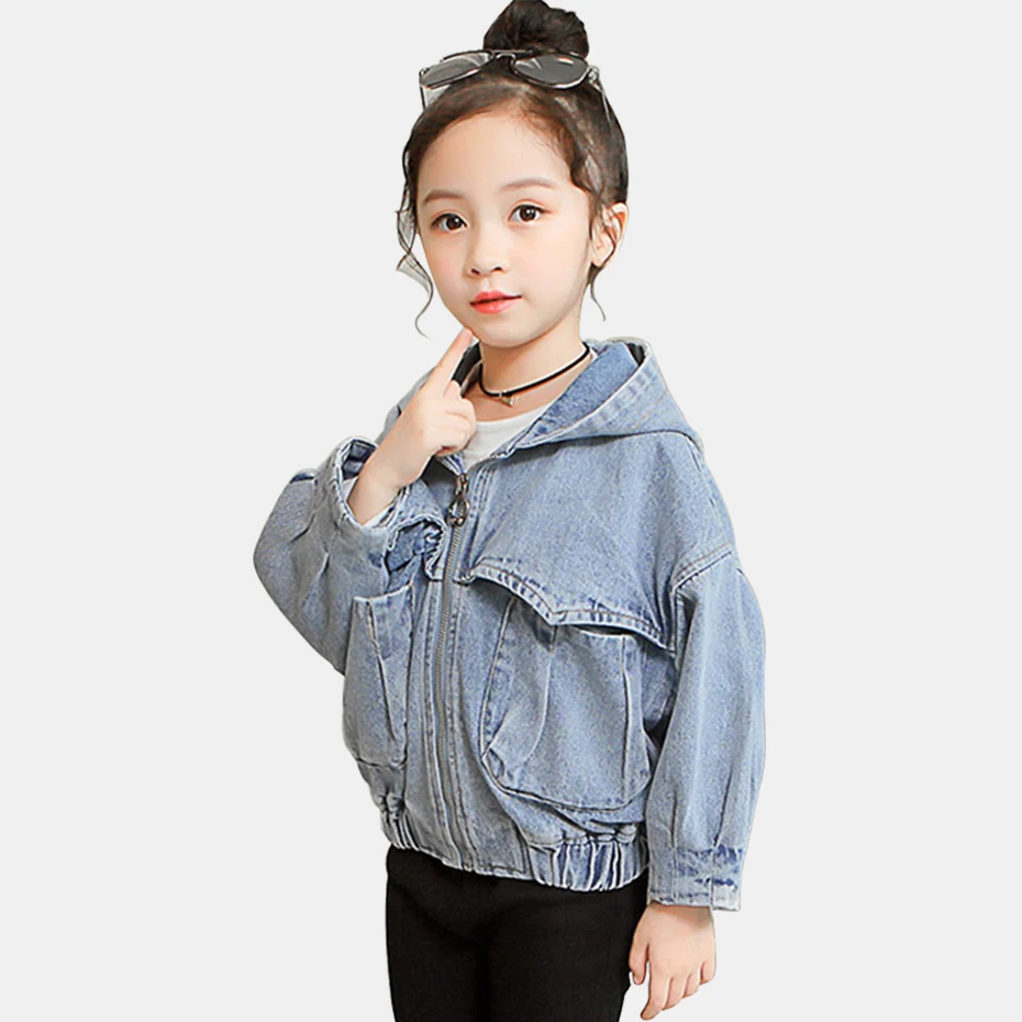 Куртка для девочек однотонная детская джинсовая куртка Длинная Верхняя одежда