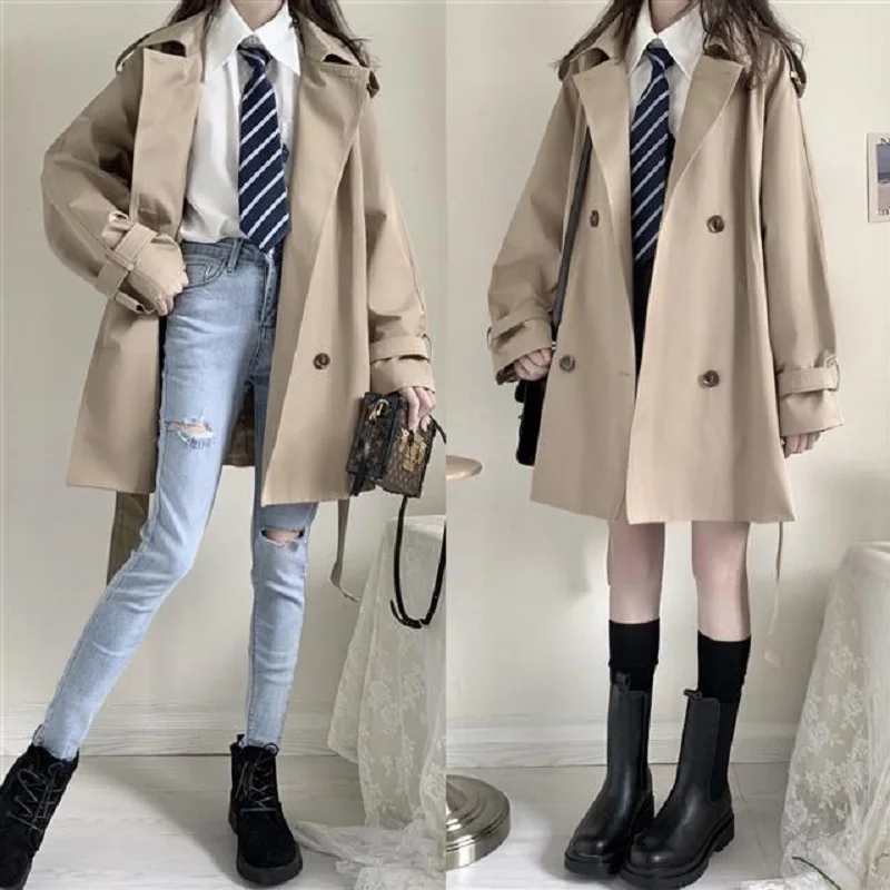 

The New Loose-Fitting Double-Breasted Khaki Blazer Collar In Girlish Black Trench Coat For 2021