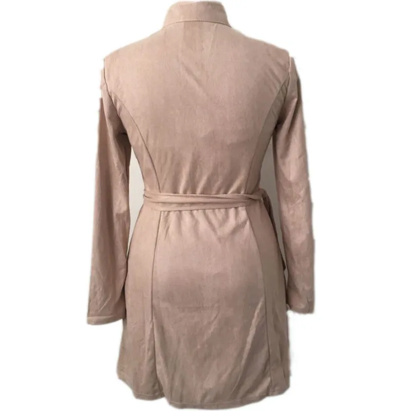 

2019 arrival Women Autumn Trench Long Sleeve Covered Button Collar Full Zipper Warm Mid-length Suede Trench Ladies Long Coat
