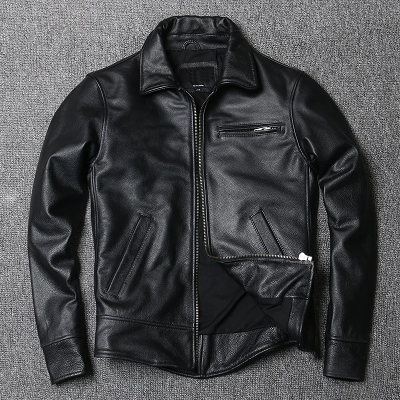 

YR!Free shipping.Wholesales.cheap men black slim cow leather jacket.fashion quality genuine leather coat.biker leather outwear