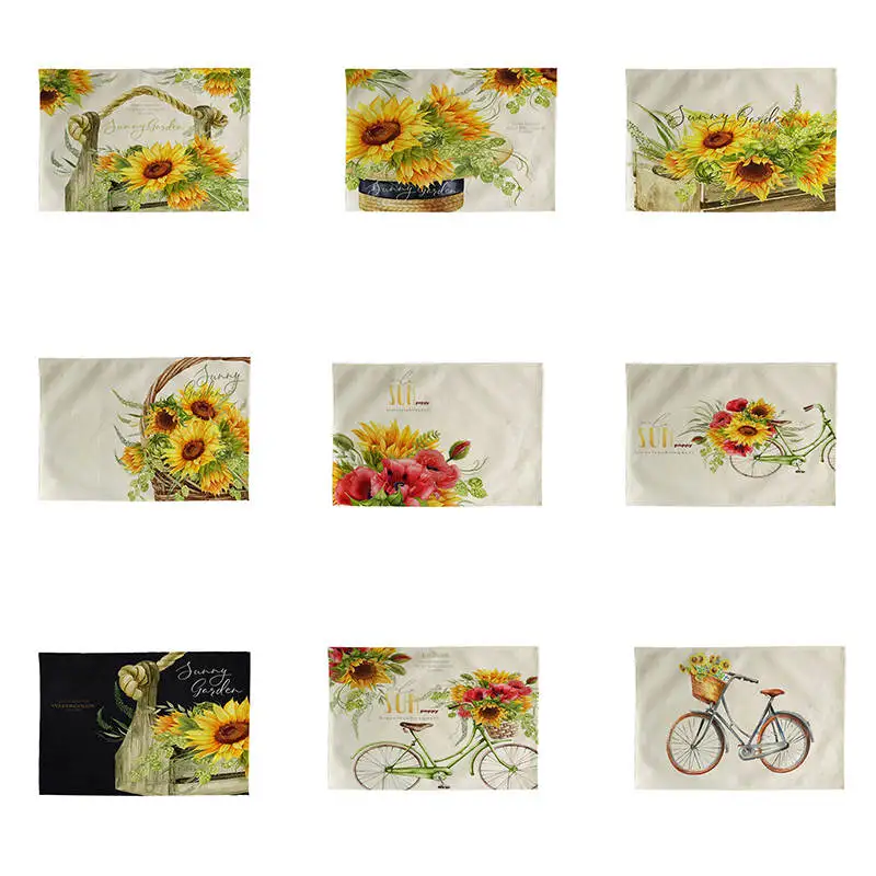 

thanksgiving yellow sunflowers Kitchen Placemat Coaster Dining Table Mats Cotton Linen Pad Bowl Cup Mat 42*32cm Home DecorCD03