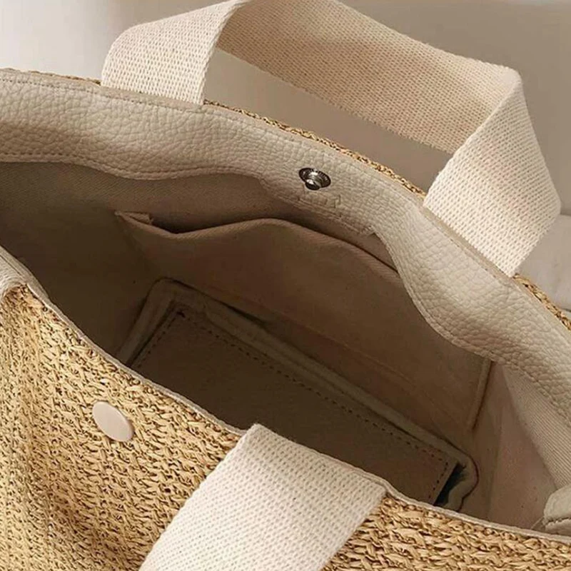

2 Pcs Straw Bags Women Handmade Woven Basket Bag Tote Summer Bohemian Beach Bags Canvas Lady Handbags, Black & White