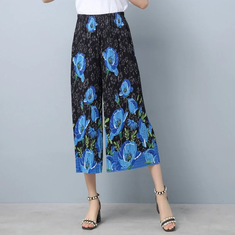 

Elastic Waist Long Trousers Women 2021 Vintage Printed Wide Leg Pants Summer Pantalones De Mujer Casual Plus Size Pant Y935