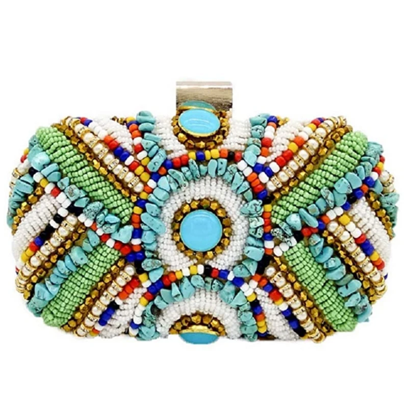 

Vintage Colorful Stones Women Beaded Clutch Bag Evening Wedding Handbags Purses