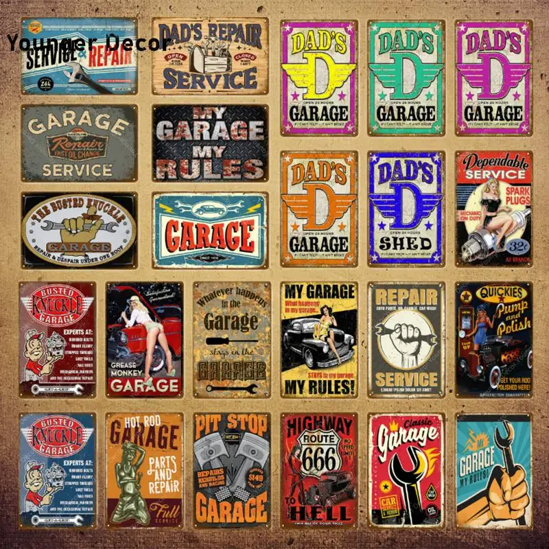

Dad's Garage Pin Up Girl Route 66 Tin Signs Metal Poster Art Wall Decoration Pub Bar Cafe Home Decor Vintage Iron Craft YI-085