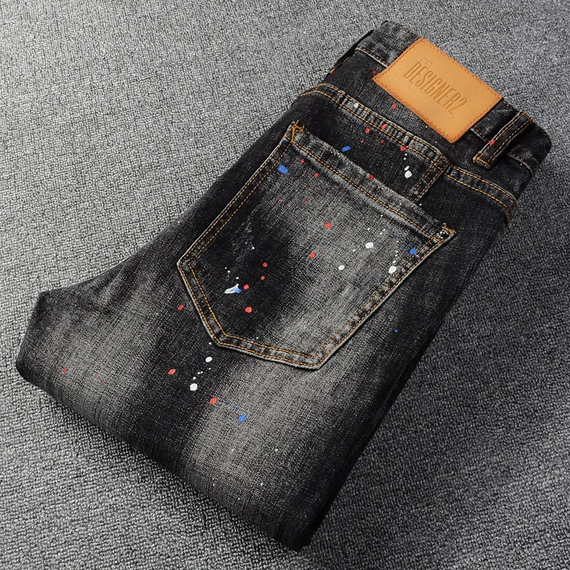 American Street Fashion Men Jeans Retro Black Gray Elastic Cotton Slim Ripped Jeans Men Pocket Patched Hip Hop Denim Punk Pants
