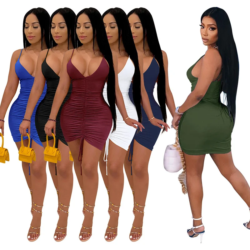 

Women's 2021 Summer Sundresses Deep V-Neck Ruched Bodycon Mini Dress Sleeveless Sling Tight Solid Color Sexy Party Dress
