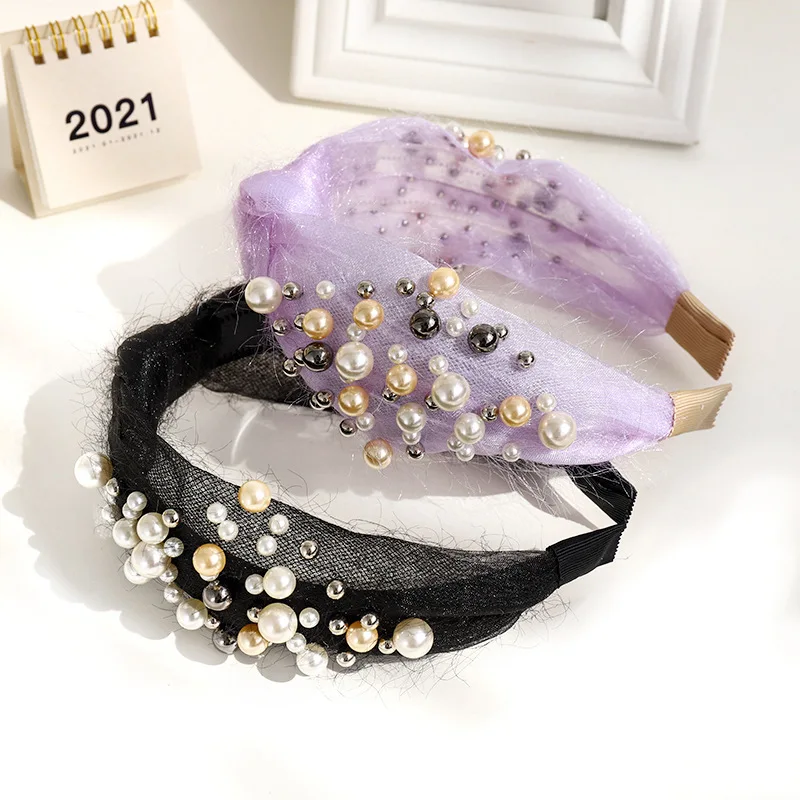 

2021 Knot Pearls Headbands For Women Girls Handmade Wide Solid Yarn Fabric Transparent Hairband Bezel Hair Hoop Hair Accessories