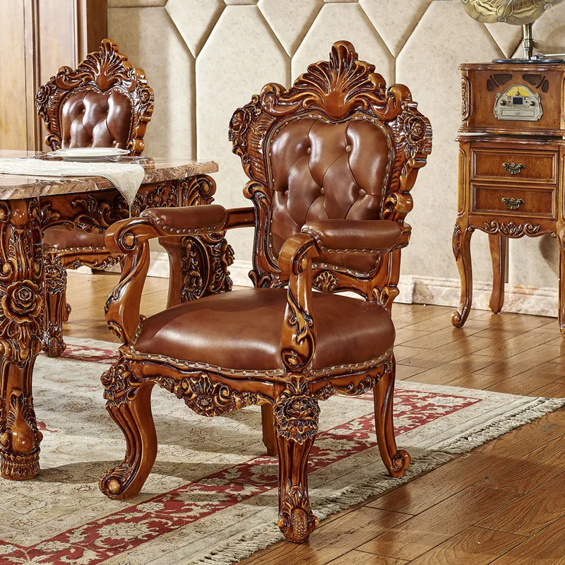 Solid Wood Antique Dark Dining Chair Double-sided Carved Villa Hotel Large Apartment