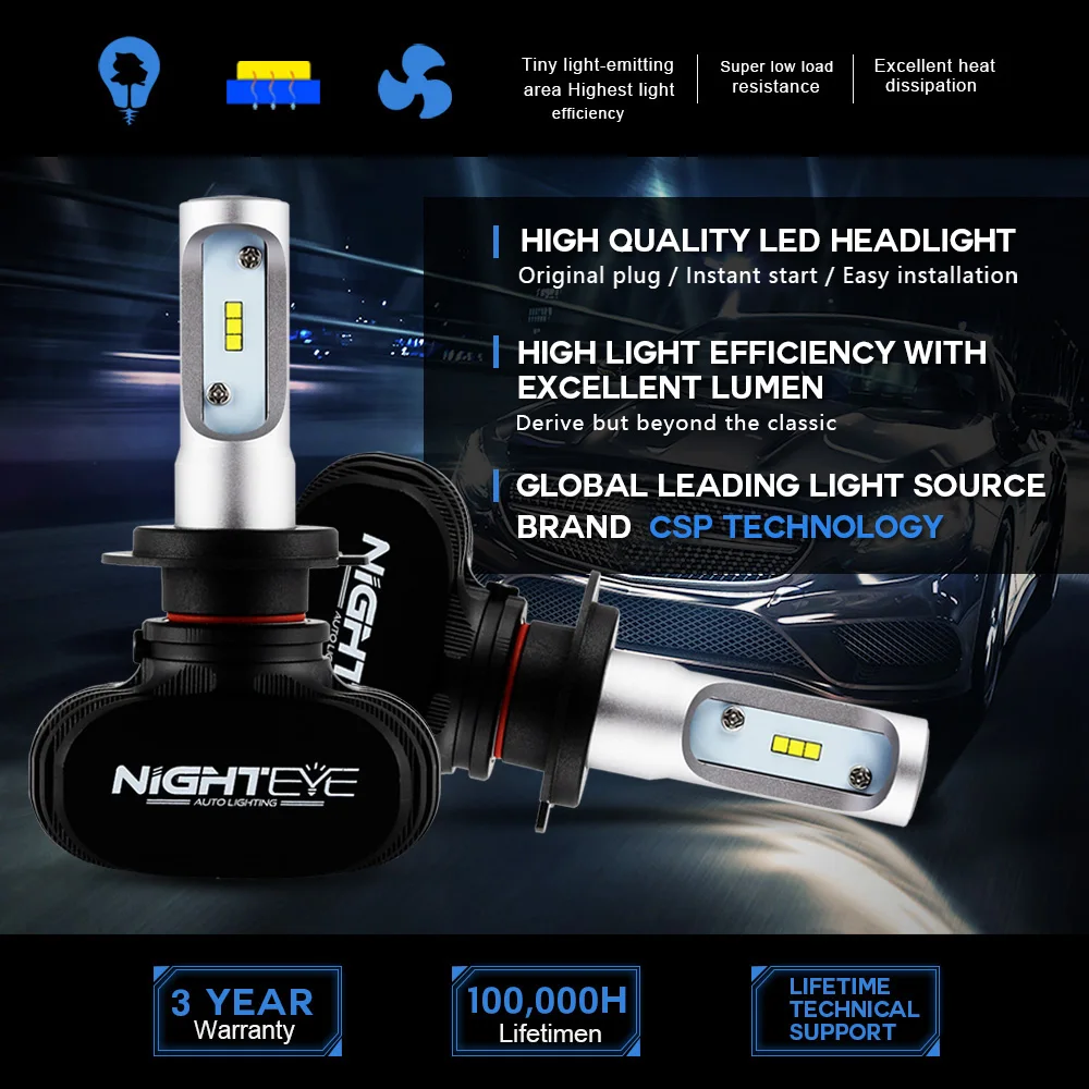 Nighteye H7 светодиодный H4 12v H8 H9 H11 8000LM 50 Вт 6500 к Автомобильный светодиодный головной светильник s Белый Противотуманные огни 9005 HB3 9006 HB4 туман светильник лампы