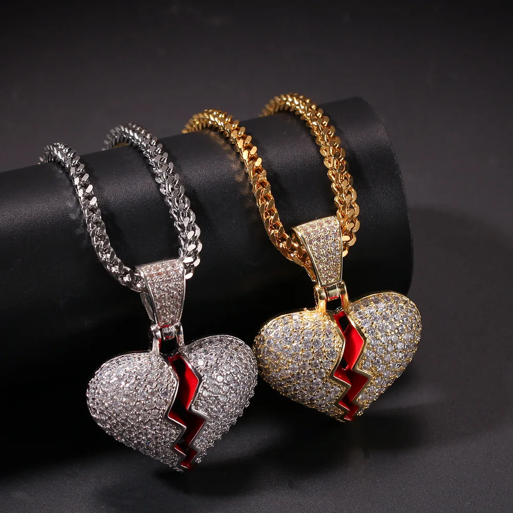 Фото Форма разбития сердца Iced Out Bling Bling латунный кулон и ожерелье Mirco Pave зубец установка для мужчин ювелирные изделия в стиле хип-хоп BP024 №4
