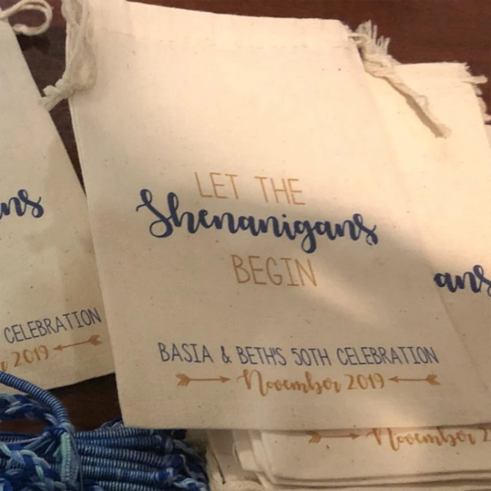 

Set of 50 Personalized Party Favors Cotton Bags Custom Let the Shenanigans Begin Muslin Bachelorette Party Goody Bags