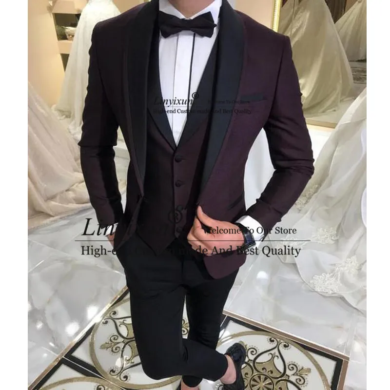 

Burgundy 3 Pieces Groomsmen Suits Wedding Costume Wedding Suits for Men Groom Suits Mens Suit Jacket+Pants+Vest costume homme