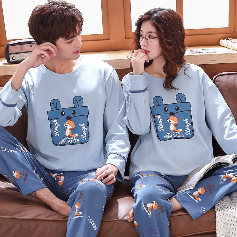 Couple Animal Pajamas Sets Summer Men Pyjamas Women Long Sleeve 100% Full Cotton Casual Sleepwear Suit Big Size Homewear Pyjama | Женская