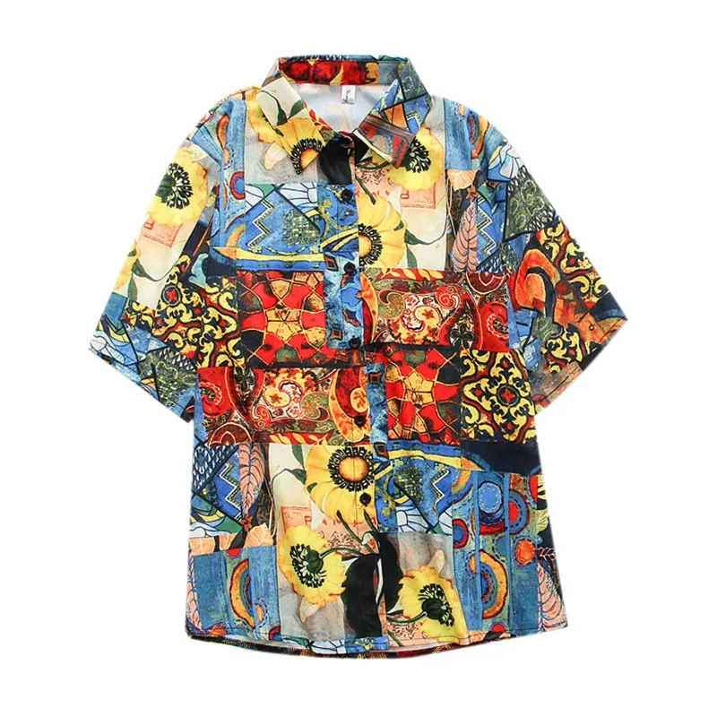 

Retro Oil Painting Printed Short Sleeve Shirt French Foreign Style Women Blouses