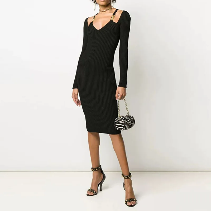 

XUXI Black Knitted Women's Wear, Black Dress, Button And Off Shoulder, Sexy Long Sleeve Dress, Deep Beak Collar, E896
