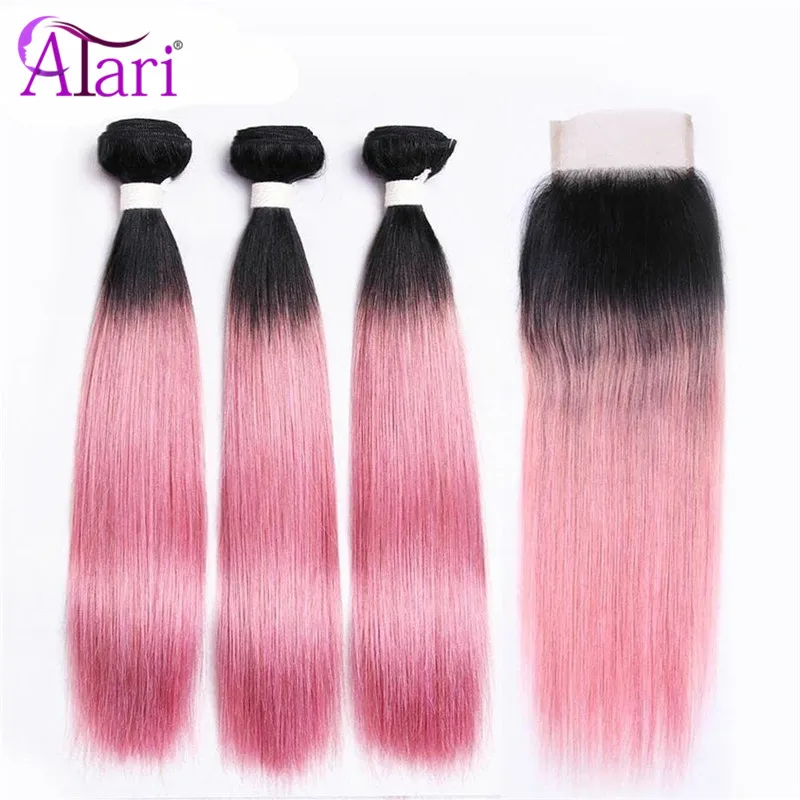 

1B/Pink 3 Bundles With Closure Brazilian Hair Straight Bundles With Closure Virgin 100% Human Hair Bundles With Closure Atari