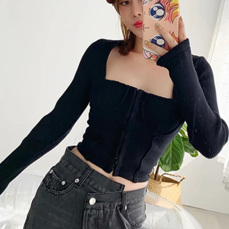 Женский свитер с квадратным воротником DEAT корейский тонкий однотонный вязаный