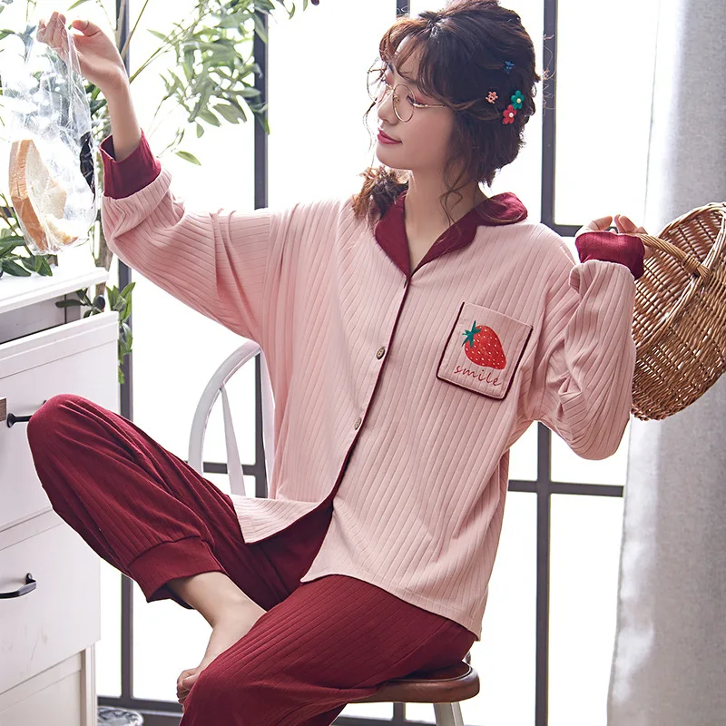 Cotton Womens Pajamas Set Cute For Women Two-piece Sexy Sleepwear Caton Stripe Pyjamas Spring And Autumn | Женская одежда