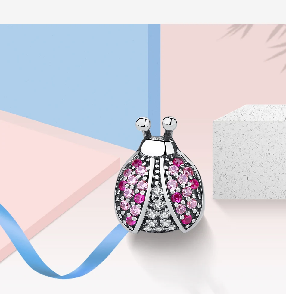 100% 925 стерлингового серебра розовый Божья коровка CZ бусины подходят к