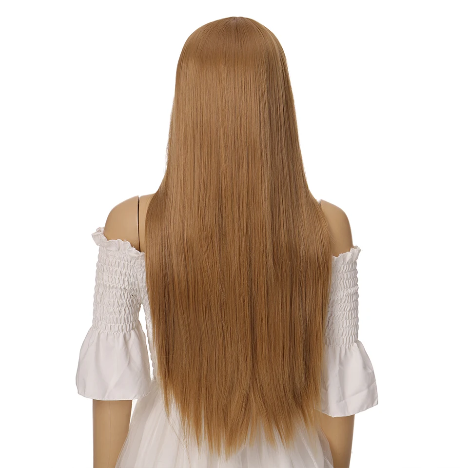 

Women with synthetic fiber fake bangs and long straight hairheat-resistant extended wigdark brown hair and blue eyes