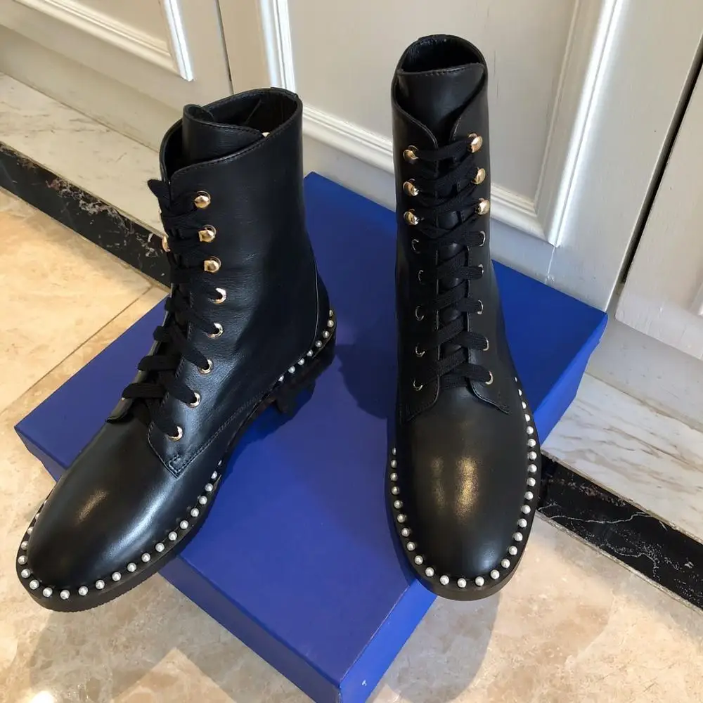 

Сапоги женские из натуральной коровьей кожи, рыцарские сапоги, дизайнерские, с жемчугом, Декор, повседневная обувь