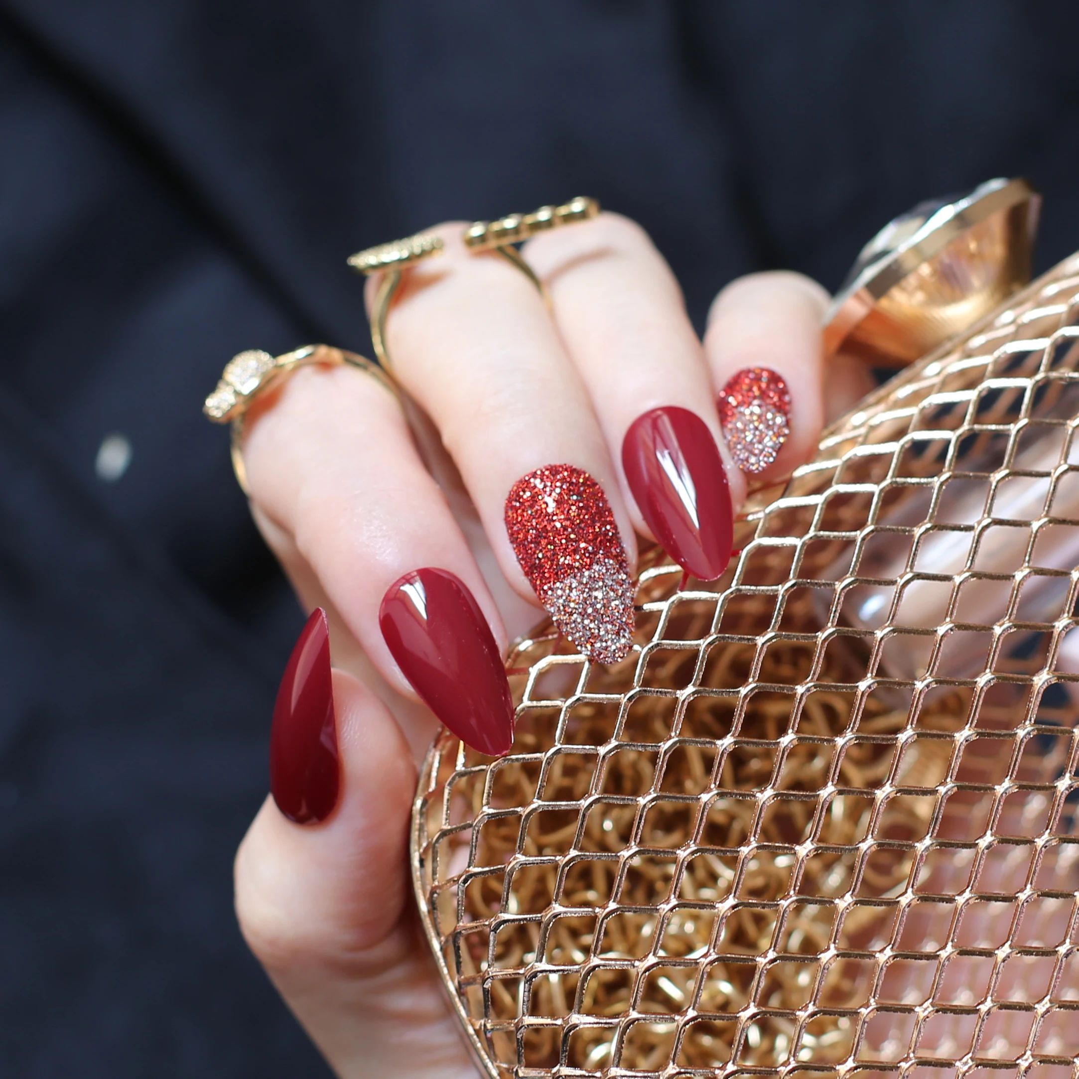 Рубиновый Красный Блестящий Порошок стилет УФ глянцевые накладные ногти черный