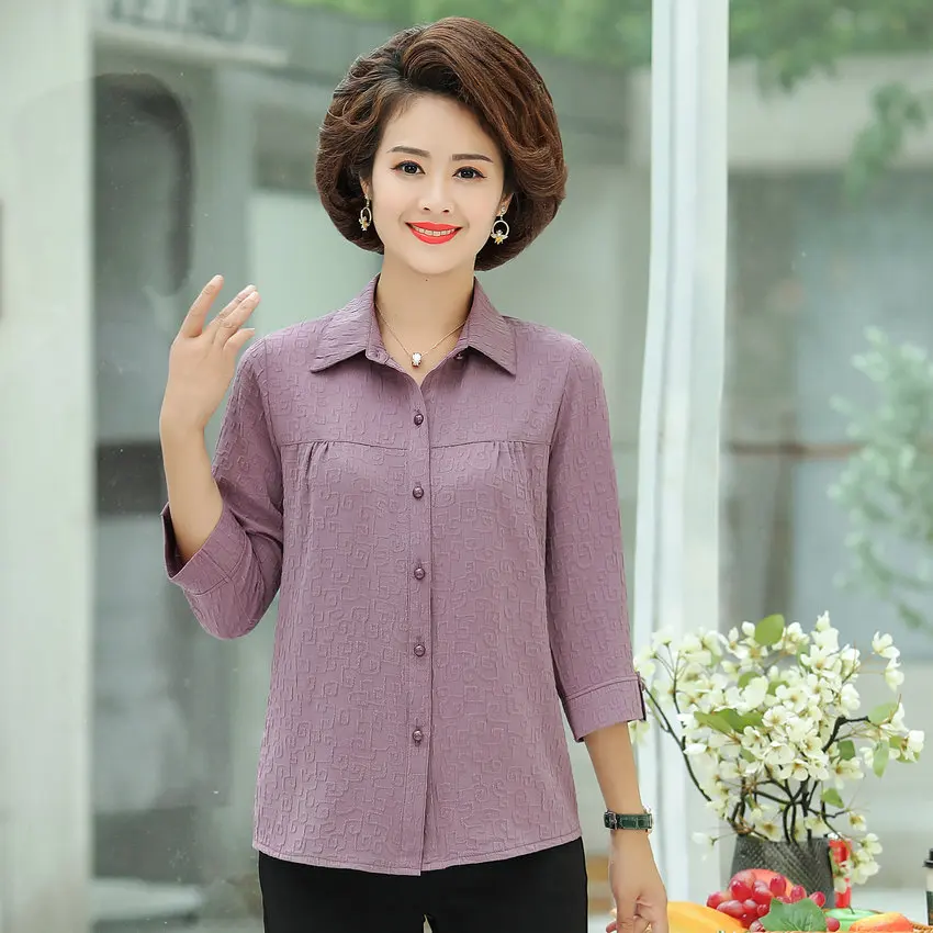 

Middle Aged Women Blue Purple Jacquard Weave Fabric Shirts Mature Lady Casual Turn Down Collar Three Quater Sleeve Tops XXXXL
