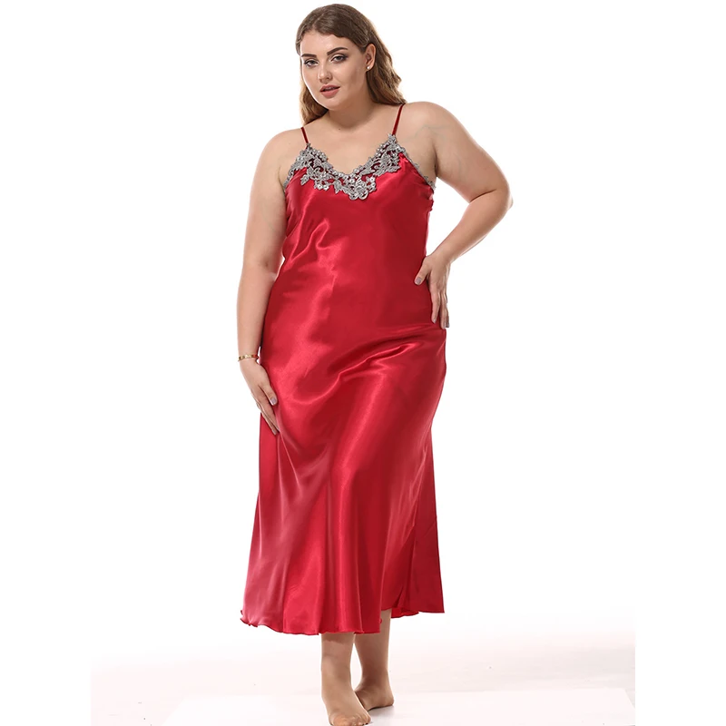 Factory Outlet Satin Silk Nightdress Women's Big Size Imitation Silk Nightgowns Lace Sexy V-Neck Sling Long Sleeping Dress 95051
