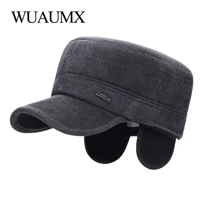 Wuaumx Повседневное осень-зима Кепки Для мужчин Бейсбол Кепкиs хлопок Flat Top Hat Для мужчин заклепки на открытом воздухе ушанке теплые шляпа армии регулируемый, шапка зимняя женская