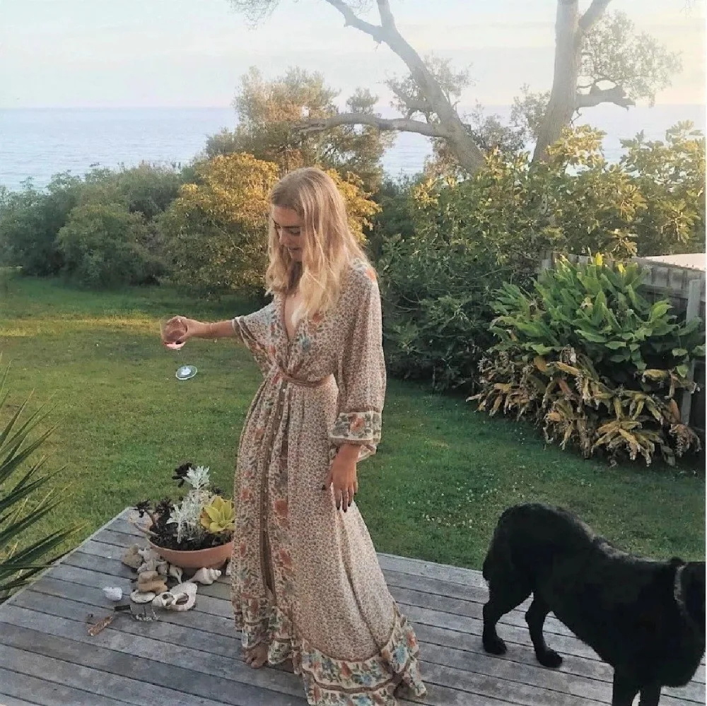 TEELYNN Gypsy Макси женские платья цвета хаки из вискозы с цветочным принтом летние платья сексуальное с v-образным вырезом с регулируемым поясом бохо платье vestidos